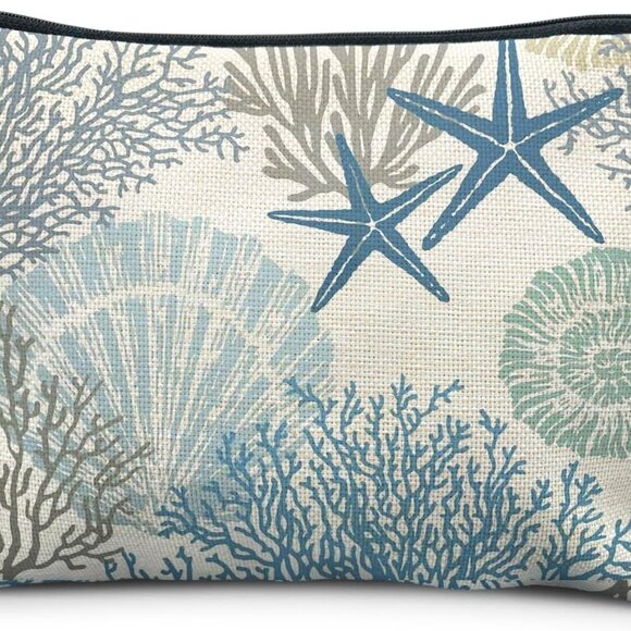 Ocean Starfish Coral Seashell Beach Makeup Bag, Marine Life Sea Animals Cosmetic - Picture 1 of 6